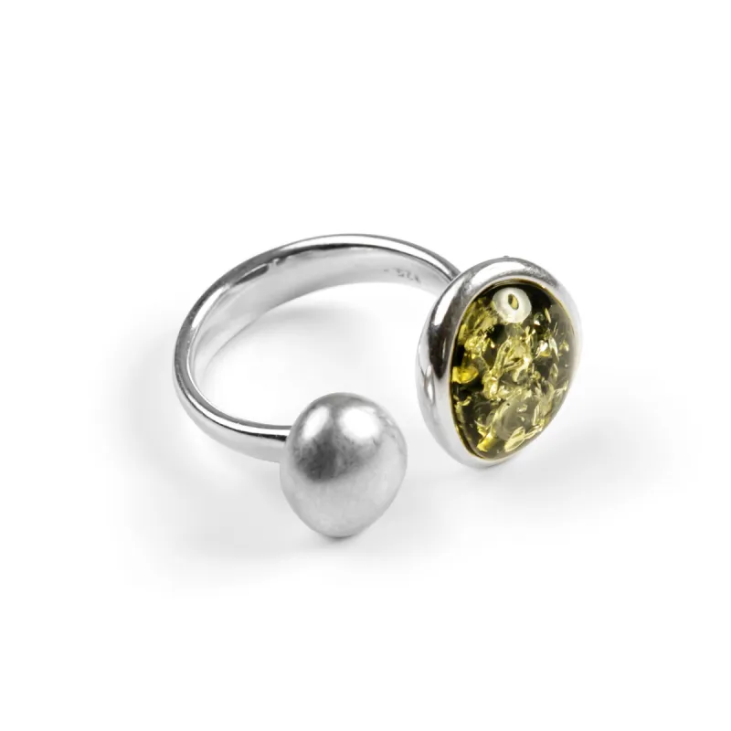Open Double Pebble Ring in Silver and Green Amber made by Henryka