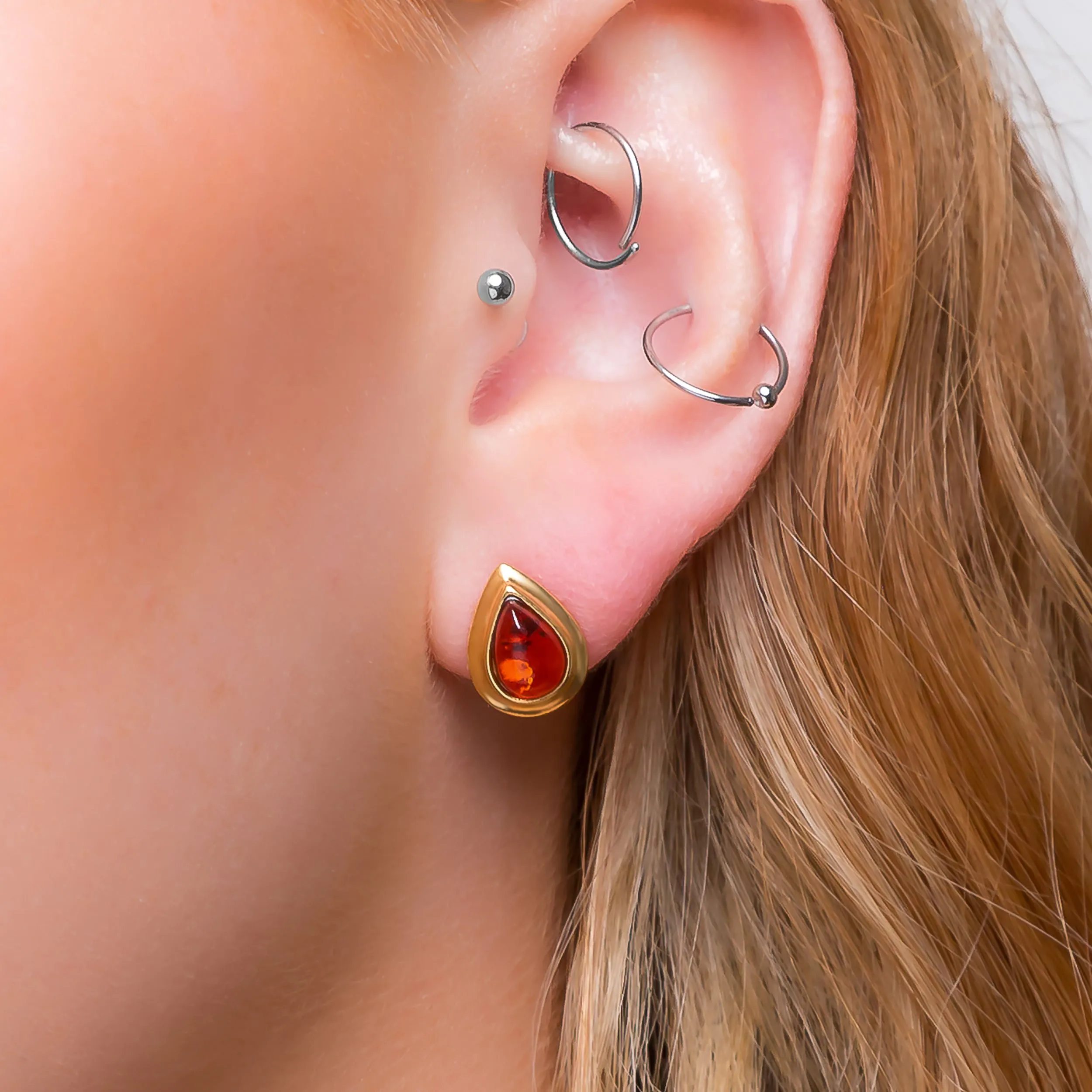 Classic Teardrop Stud Earrings in 24ct Gold Plated & Cognac Amber sold by Henryka product image thumbnail 2