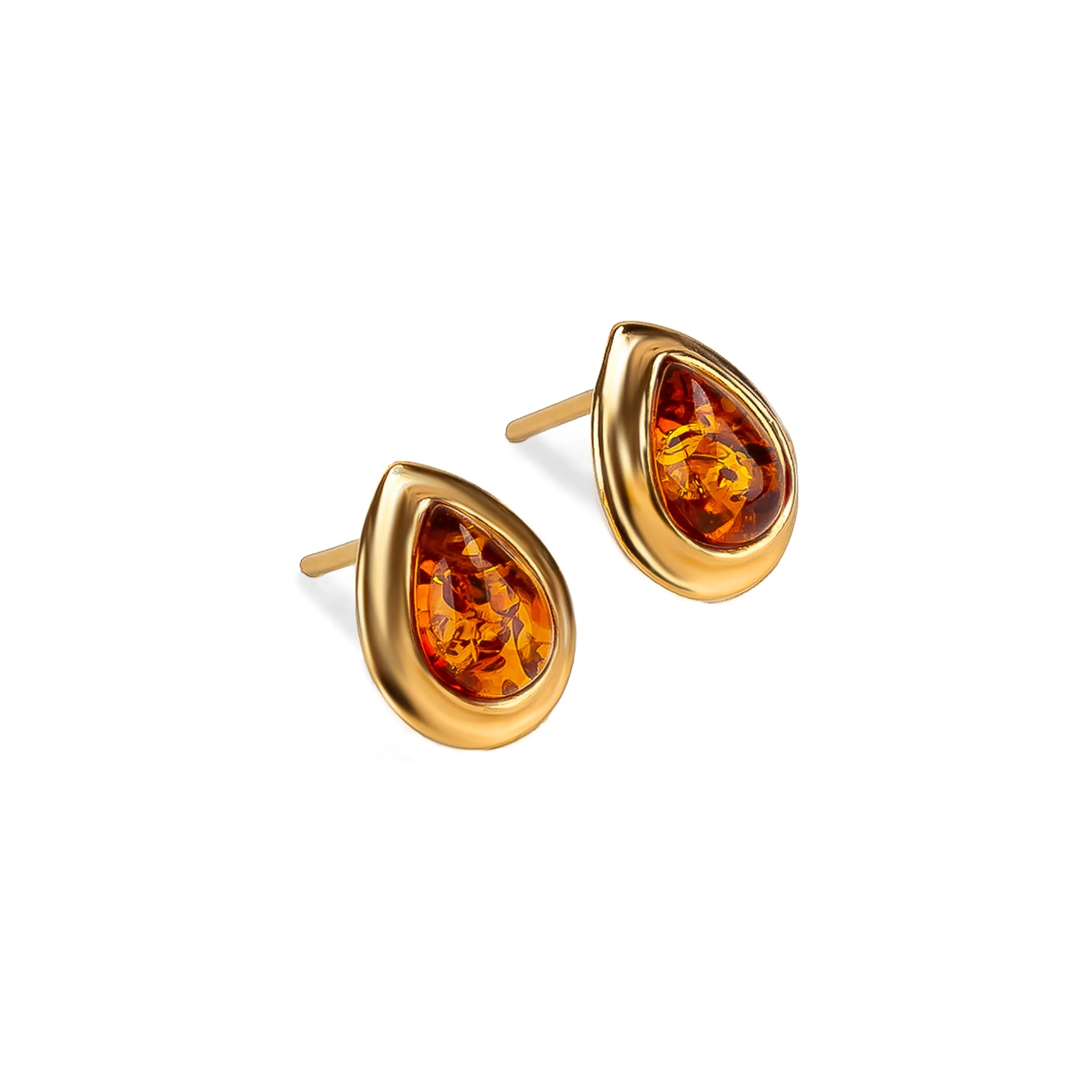 Classic Teardrop Stud Earrings in 24ct Gold Plated & Cognac Amber sold by Henryka