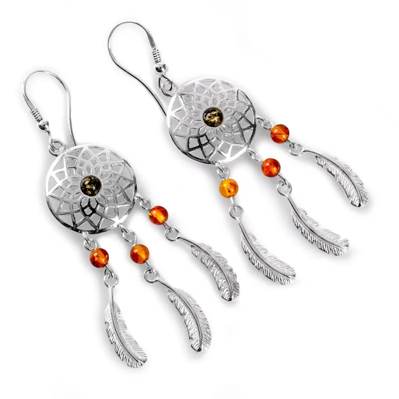 Dreamcatcher Drop Earrings in Silver and Amber sold by Henryka