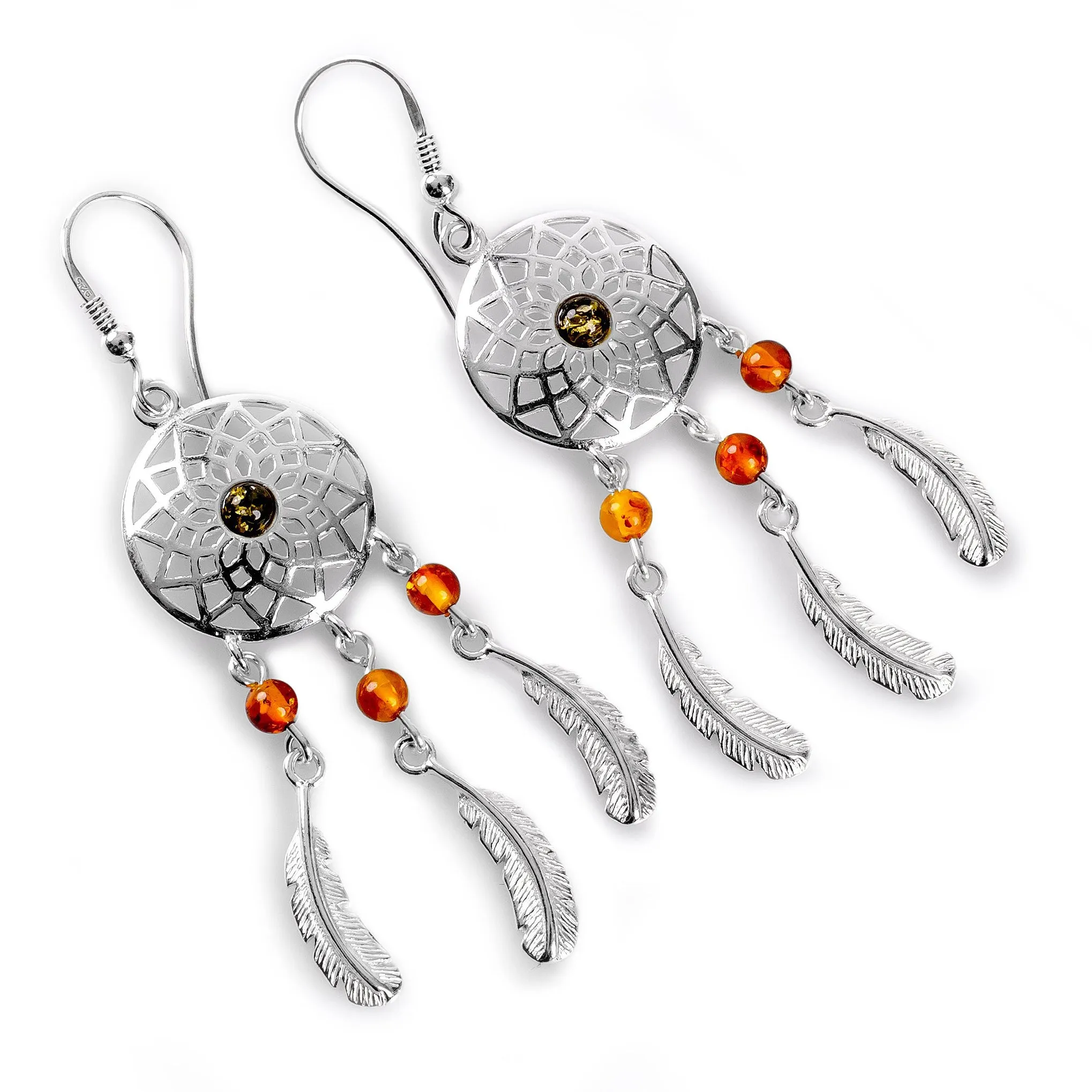 Dreamcatcher Drop Earrings in Silver and Amber sold by Henryka