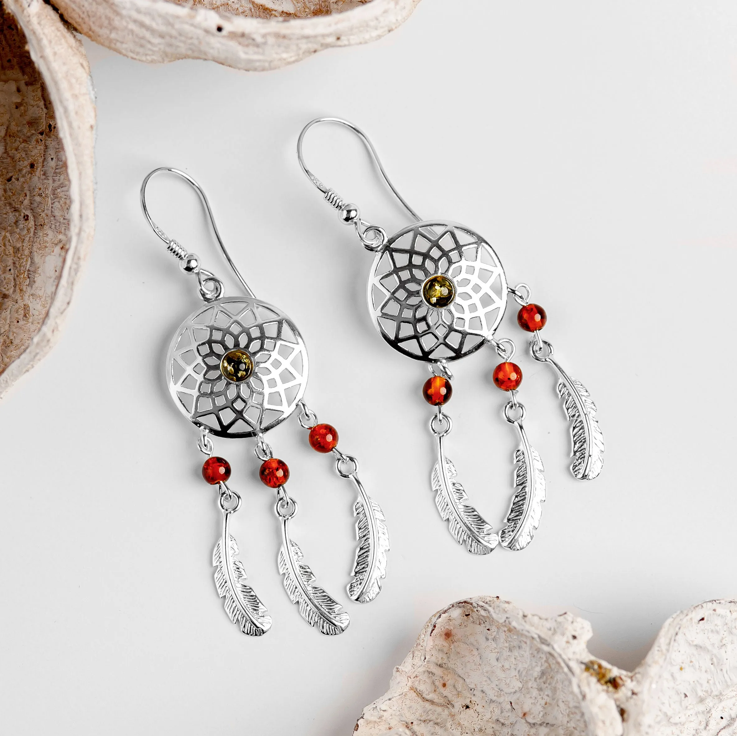 Dreamcatcher Drop Earrings in Silver and Amber sold by Henryka product image thumbnail 5