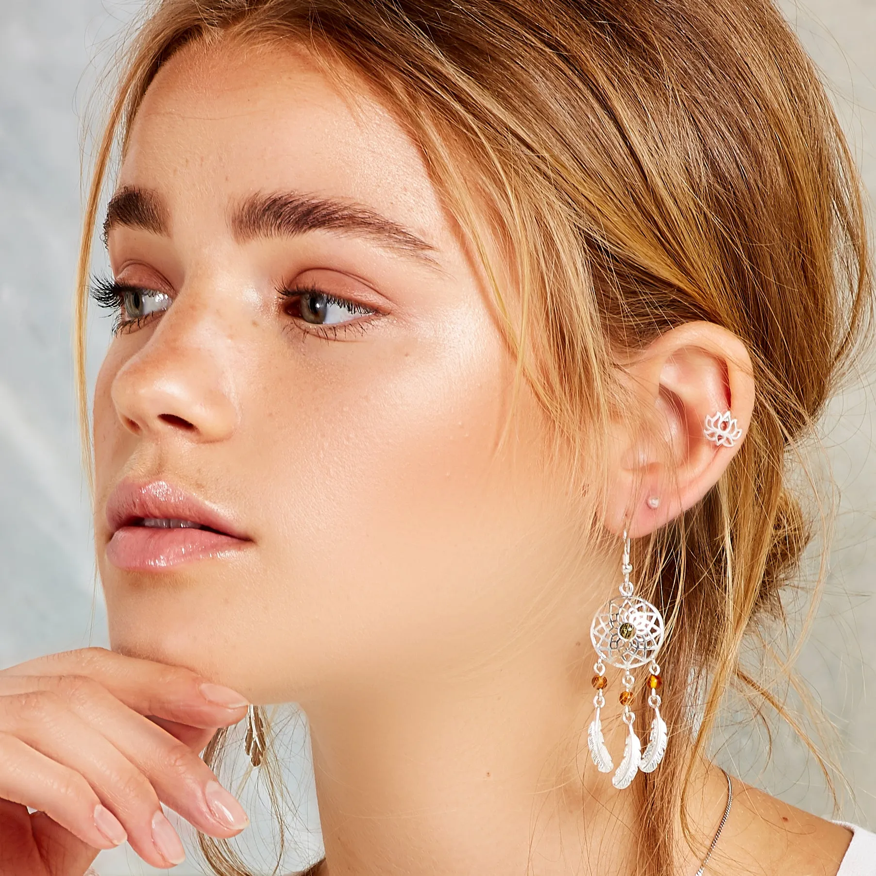 Dreamcatcher Drop Earrings in Silver and Amber sold by Henryka product image thumbnail 2