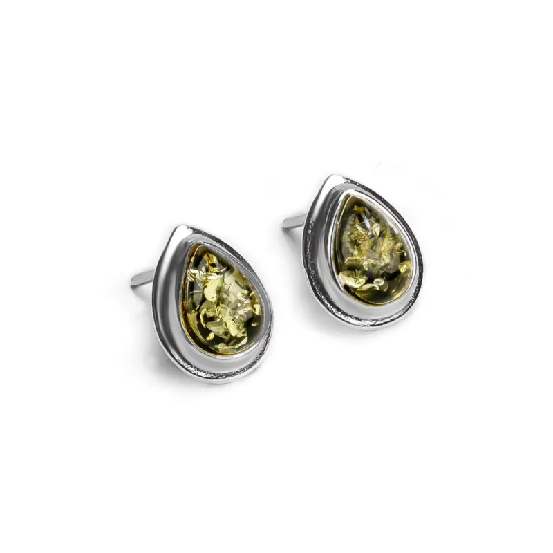 Classic Teardrop Stud Earrings in Silver and Green Amber sold by Henryka