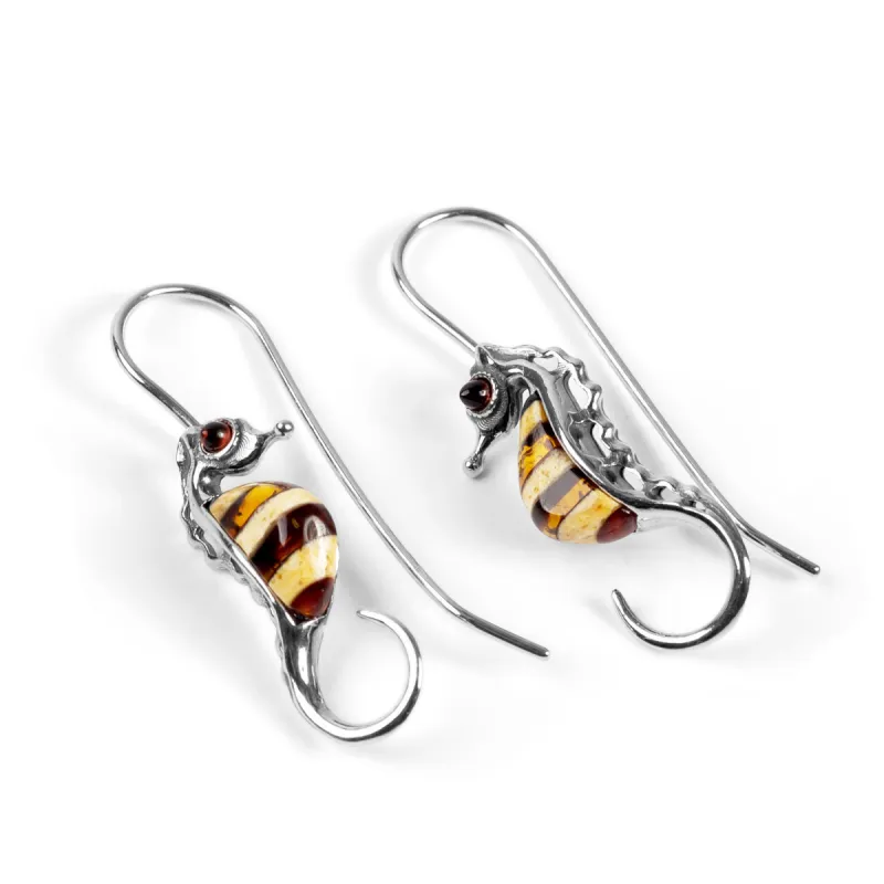 Striped Seahorse Drop Earrings in Silver and Amber sold by Henryka