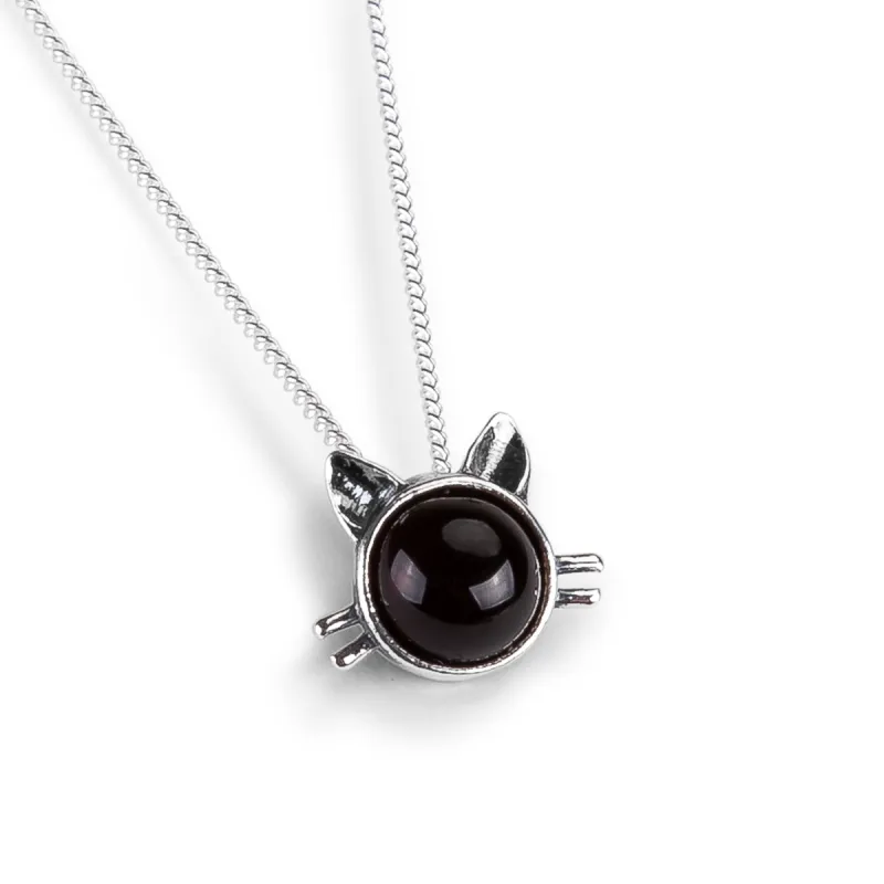 Cute Cat Face Necklace in Silver and Cherry Amber sold by Henryka