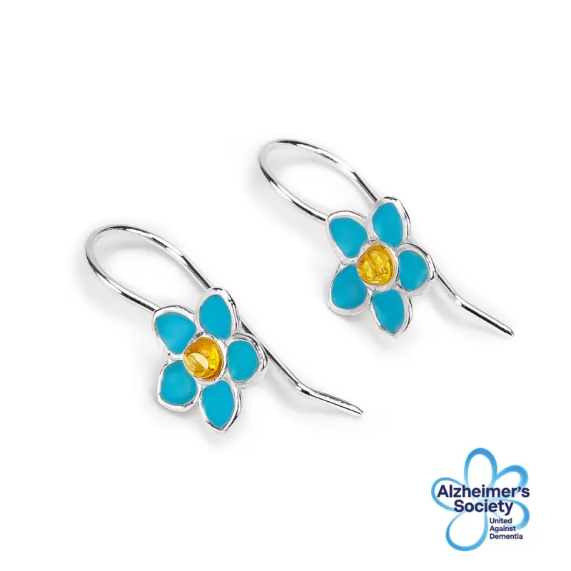 Handpainted Forget Me Not Drop Earrings in Silver and Amber sold by Henryka