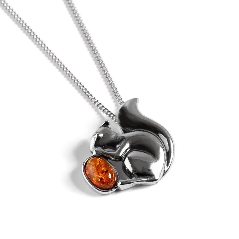 Squirrel Necklace in Silver and Cognac Amber sold by Henryka