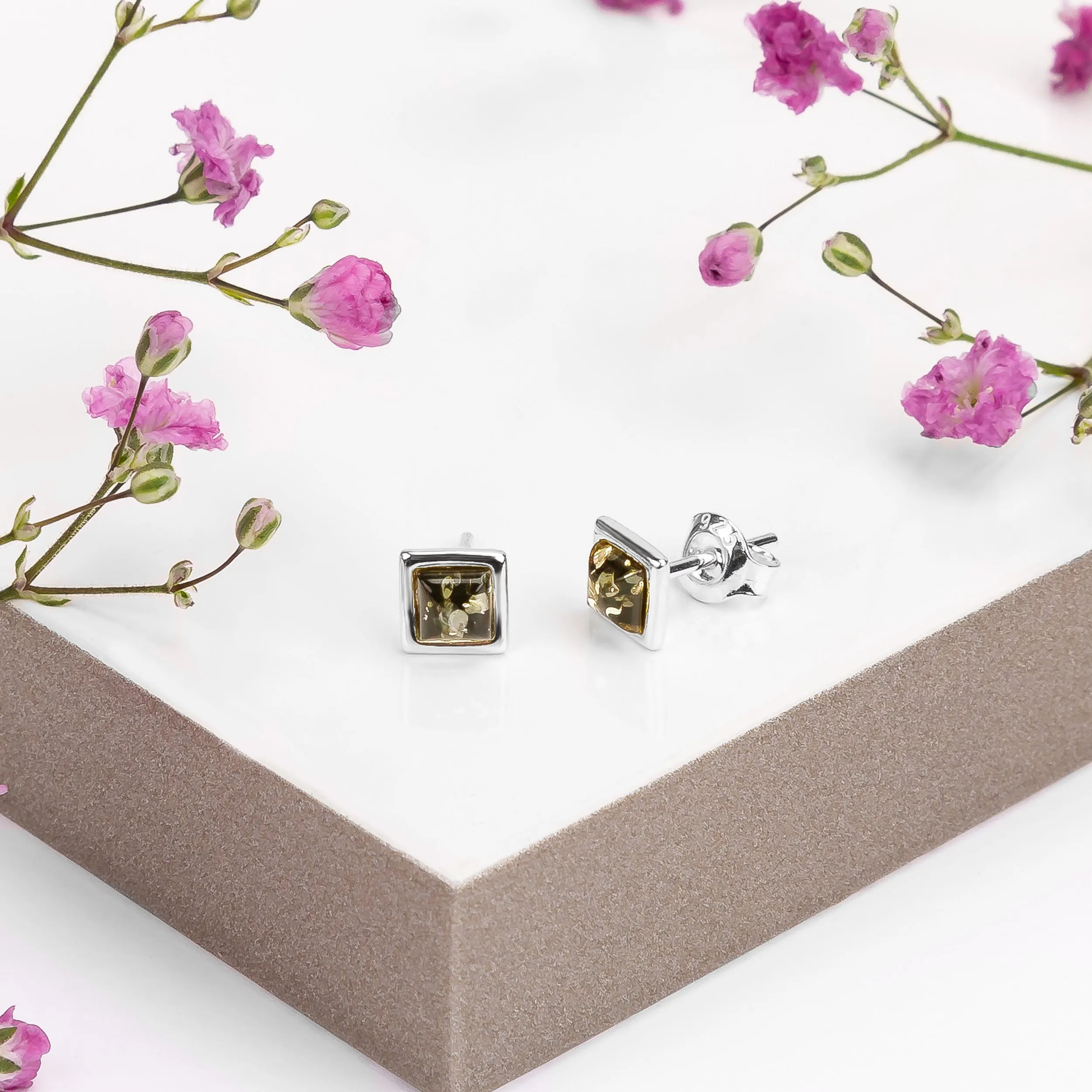 Square Stud Earrings in Silver and Green Amber sold by Henryka product image thumbnail 4
