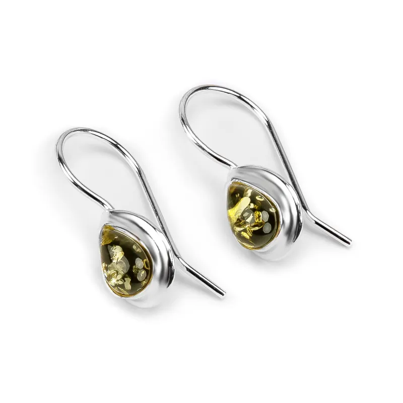Classic Teardrop Hook Earrings in Silver and Green Amber sold by Henryka