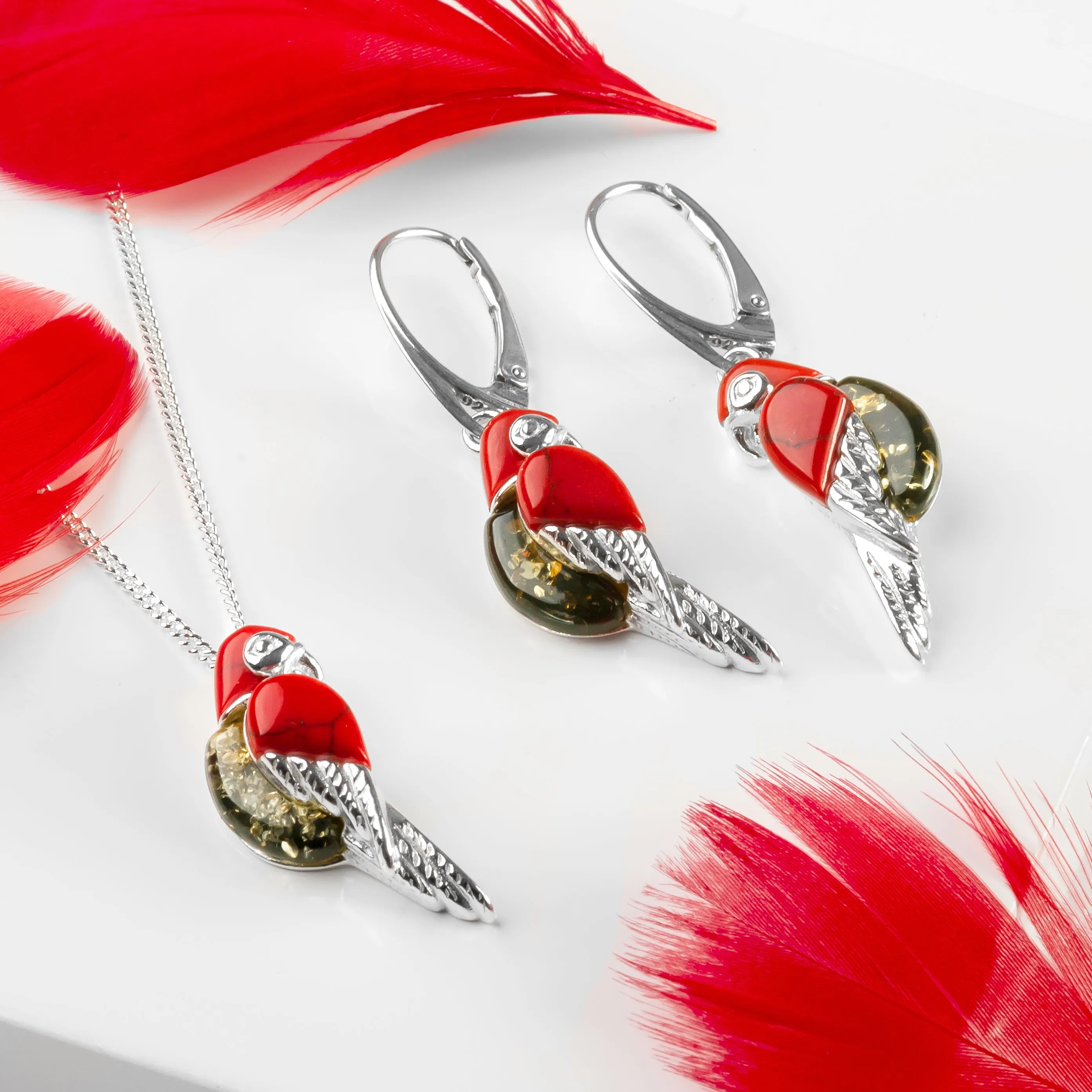 Tropical Parrot Earrings in Silver, Coral and Green Amber sold by Henryka product image thumbnail 5