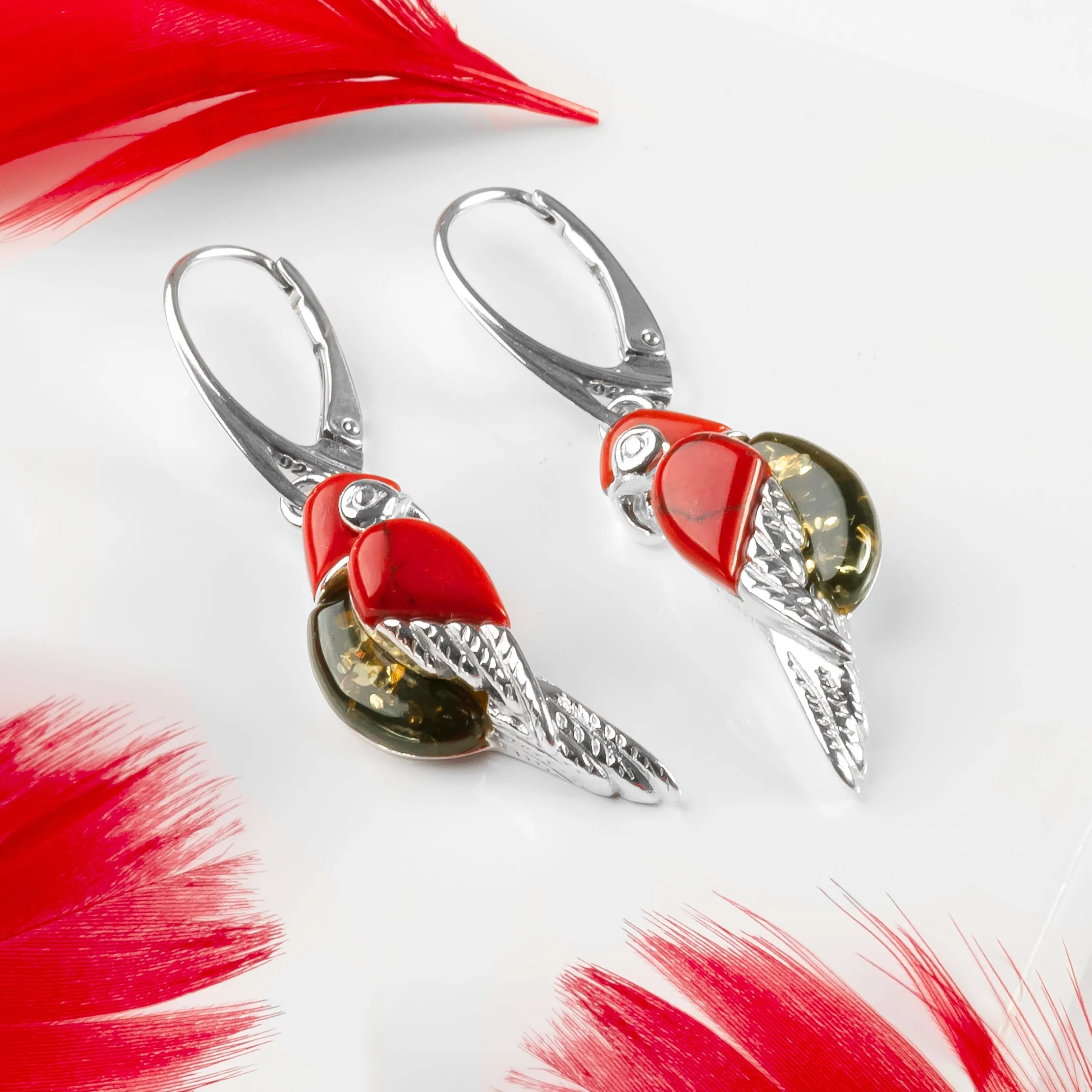 Tropical Parrot Earrings in Silver, Coral and Green Amber sold by Henryka product image thumbnail 4