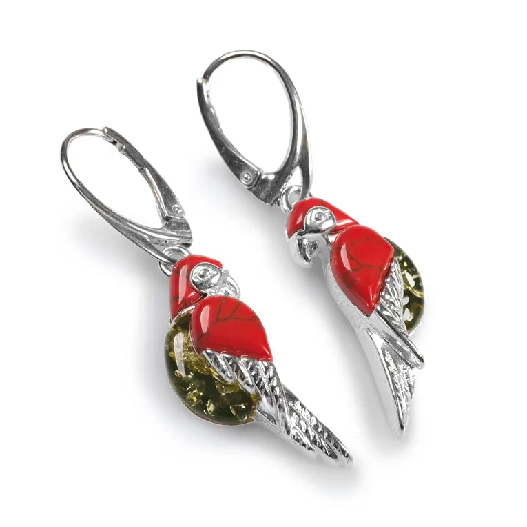 Tropical Parrot Earrings in Silver, Coral and Green Amber sold by Henryka