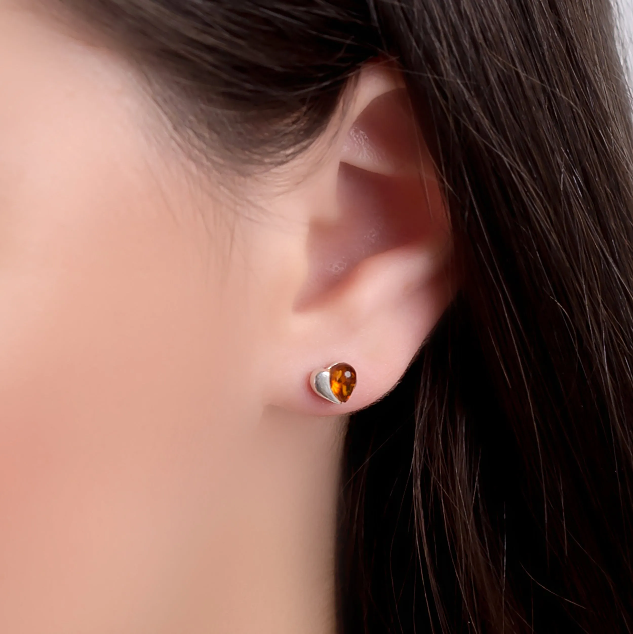 Miniature Heart Stud Earrings in Silver and Amber sold by Henryka product image thumbnail 2