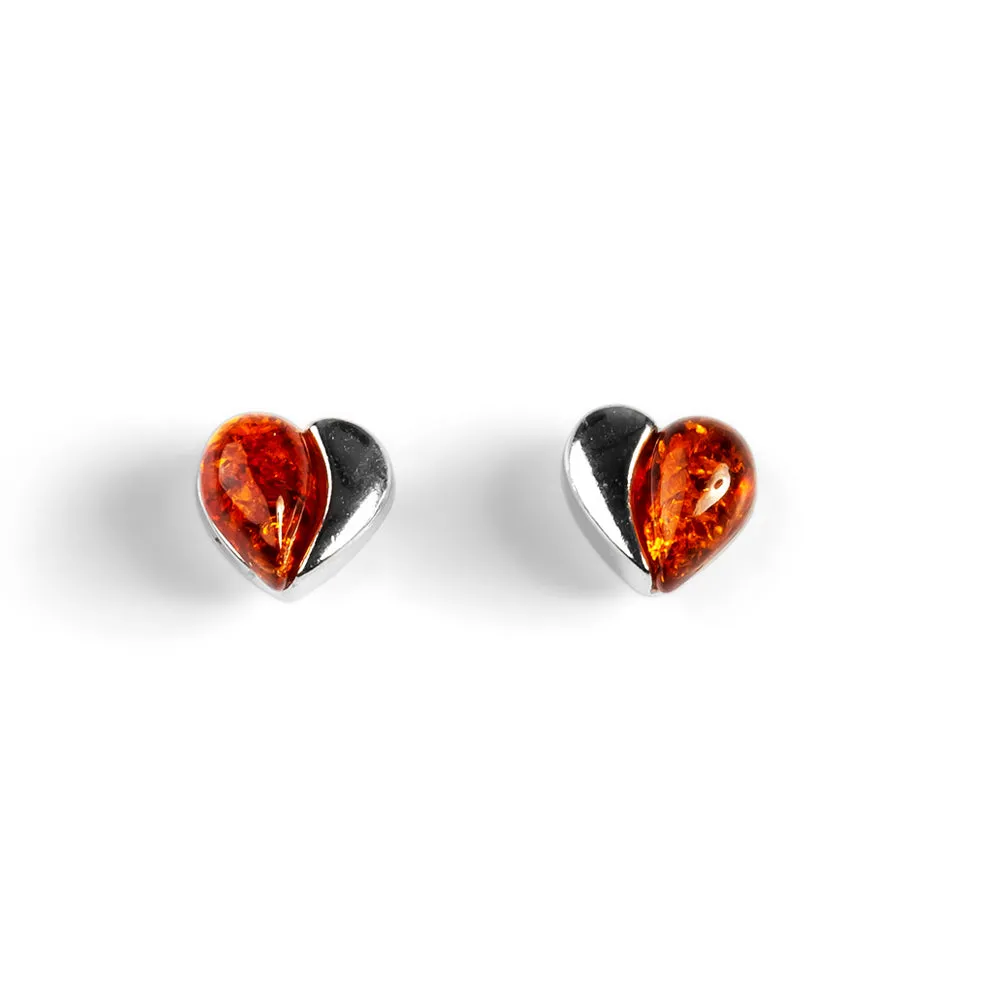 Miniature Heart Stud Earrings in Silver and Amber sold by Henryka