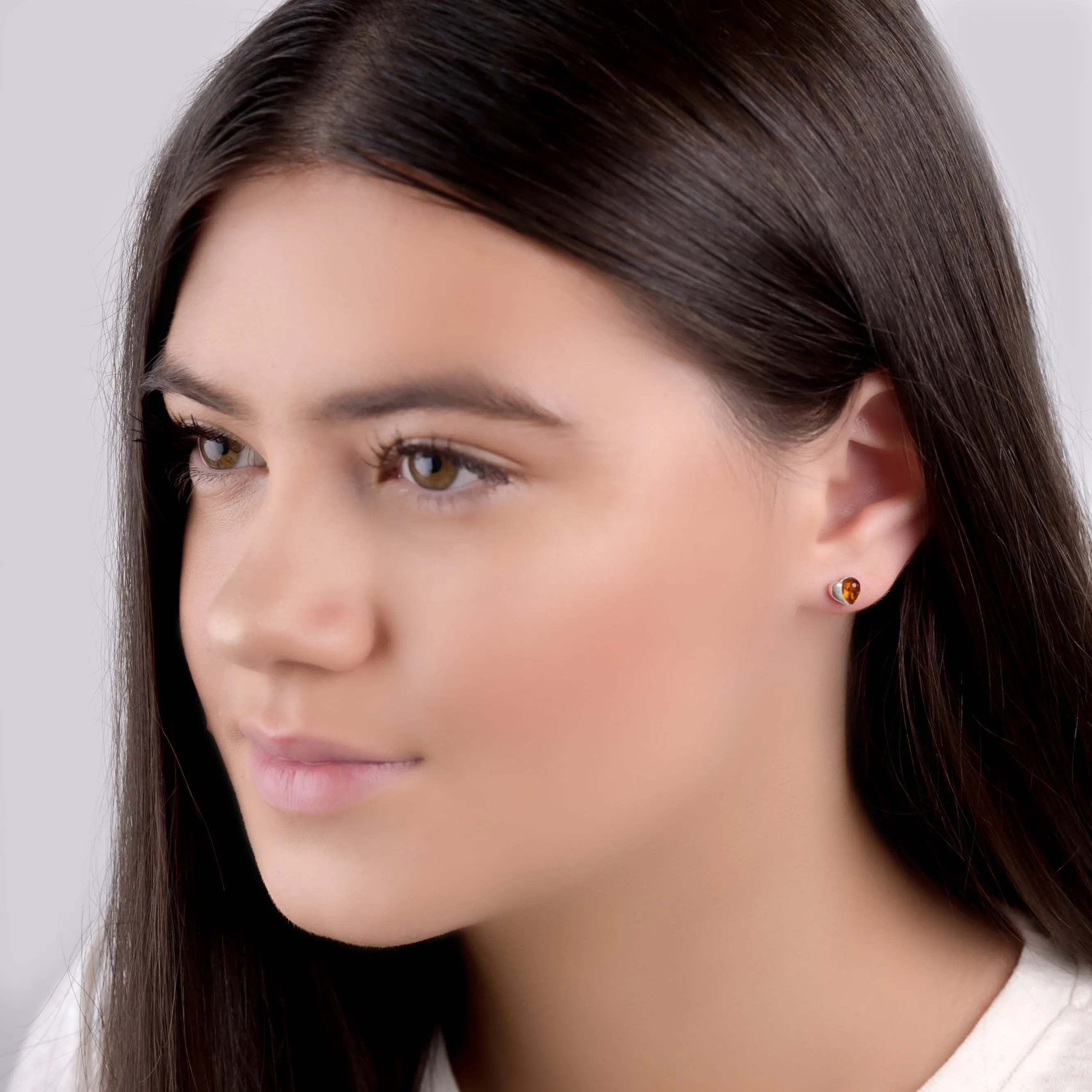 Miniature Heart Stud Earrings in Silver and Amber sold by Henryka product image thumbnail 3