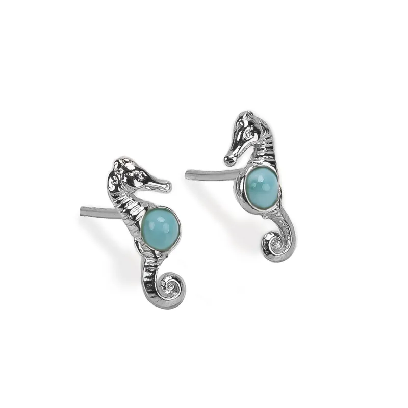 Miniature Seahorse Stud Earrings in Silver & Larimar sold by Henryka