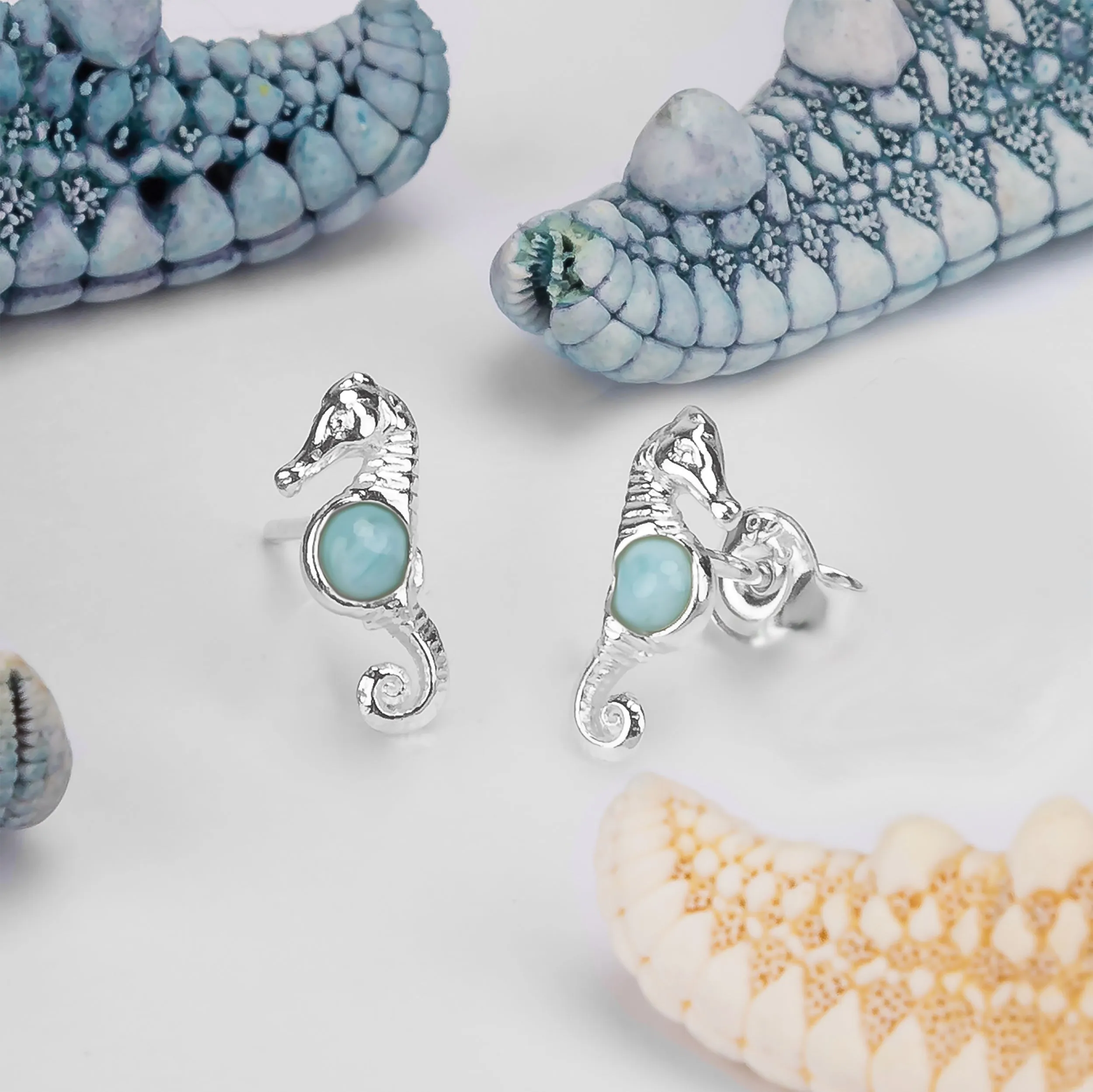 Miniature Seahorse Stud Earrings in Silver & Larimar sold by Henryka product image thumbnail 5