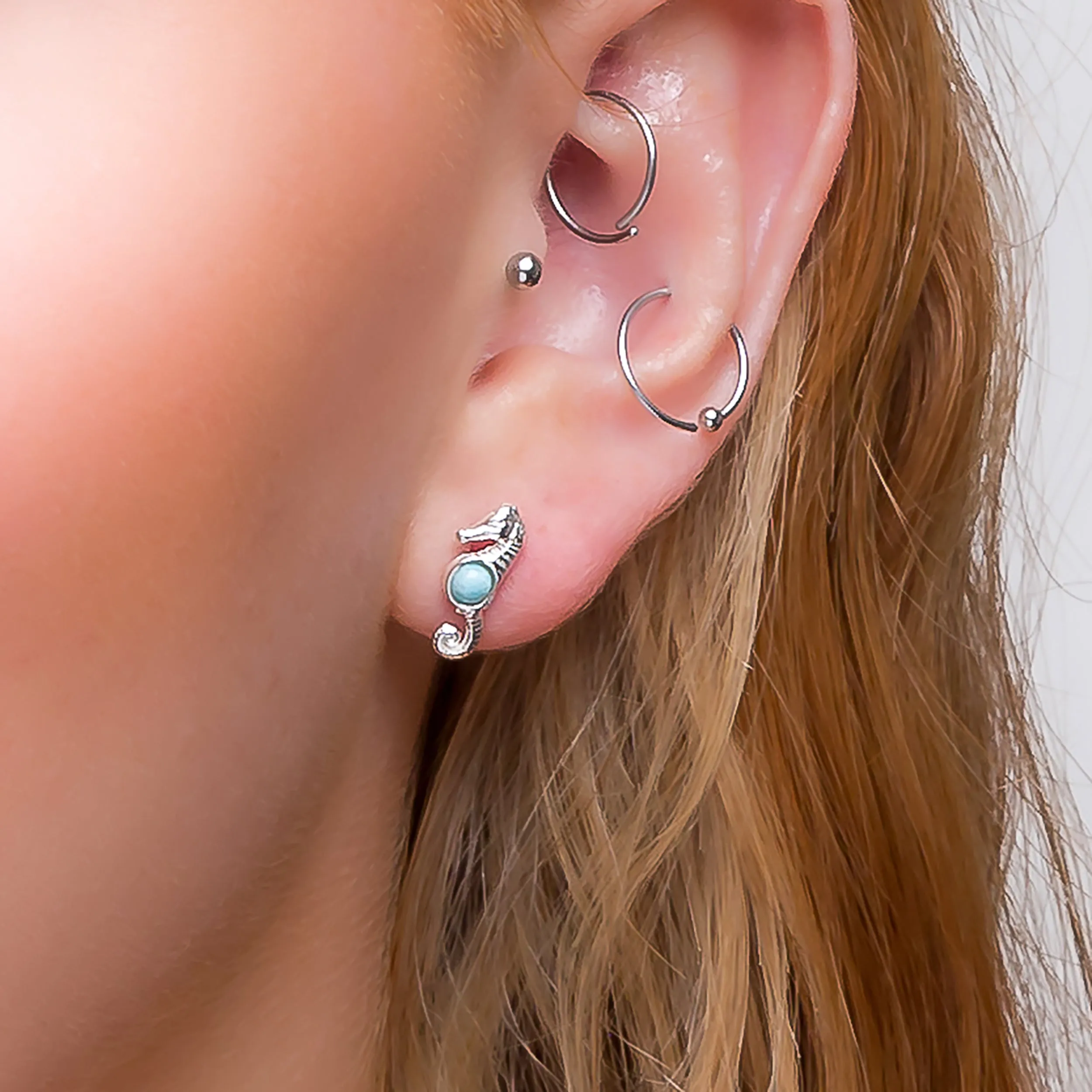 Miniature Seahorse Stud Earrings in Silver & Larimar sold by Henryka product image thumbnail 2