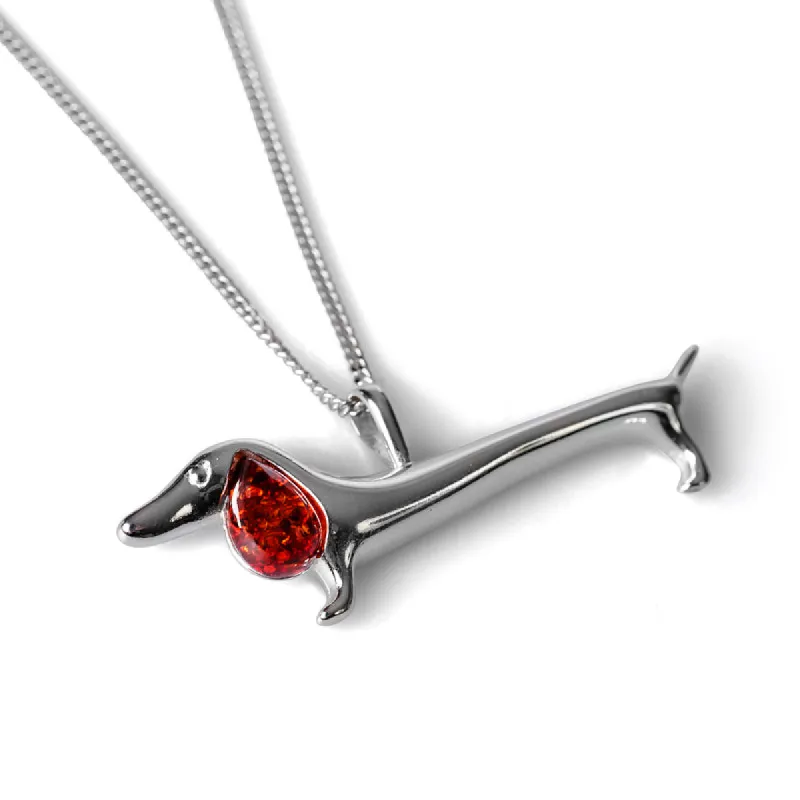 Sausage Dog Dachshund Necklace in Silver and Amber sold by Henryka
