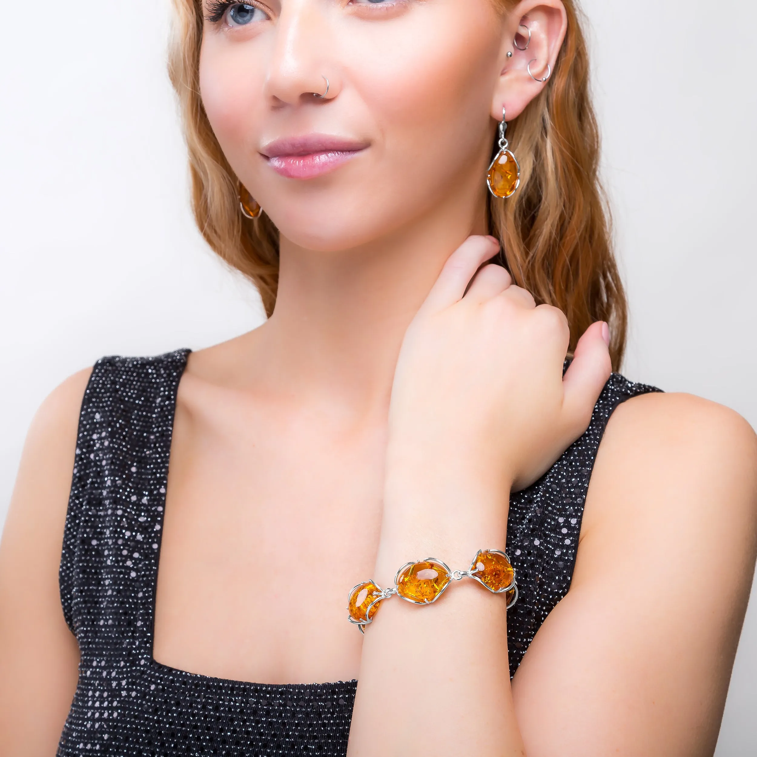 Nugget Drop Earrings in Silver and Amber sold by Henryka product image thumbnail 4