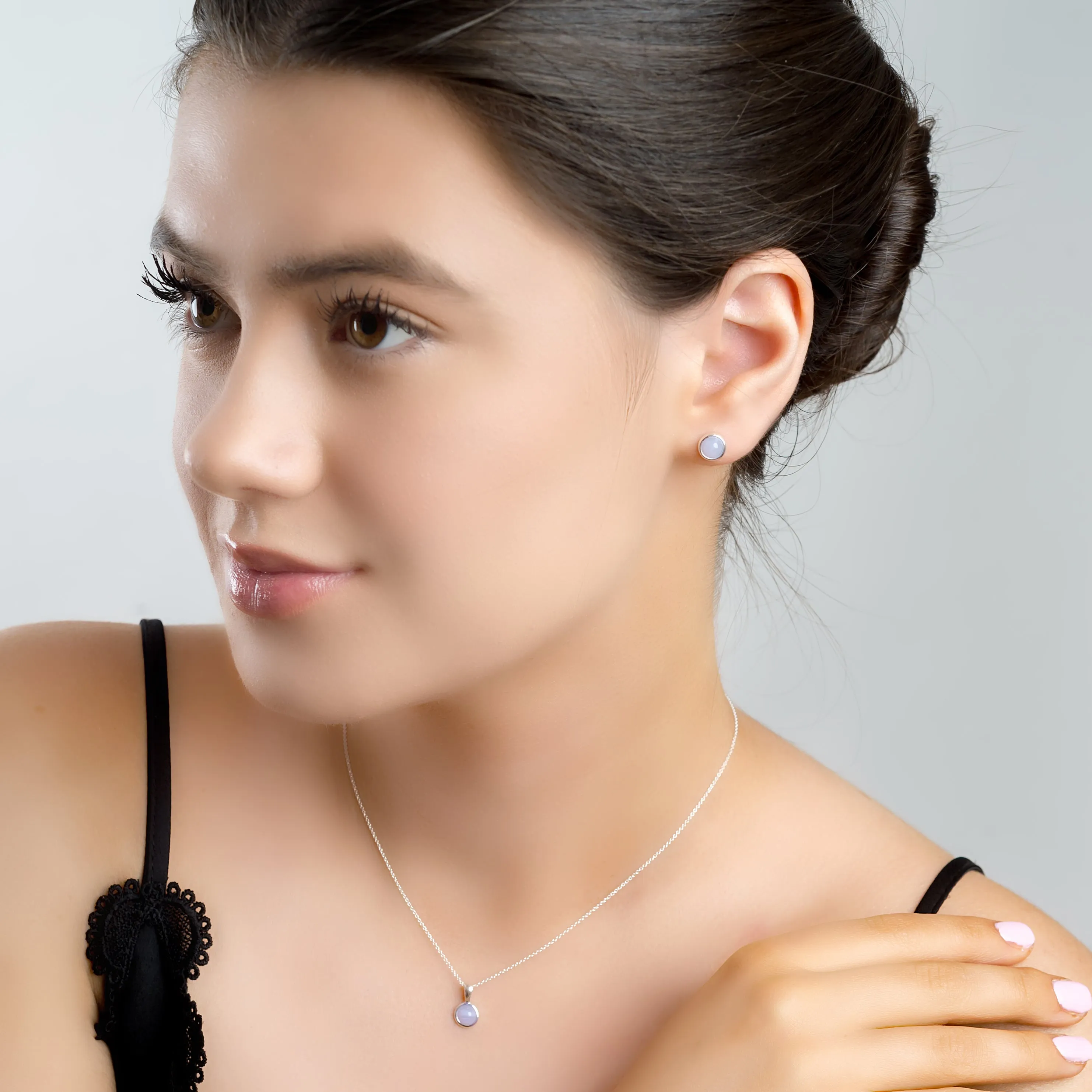 Small Round Stud Earrings in Silver and Blue Lace Agate sold by Henryka product image thumbnail 3