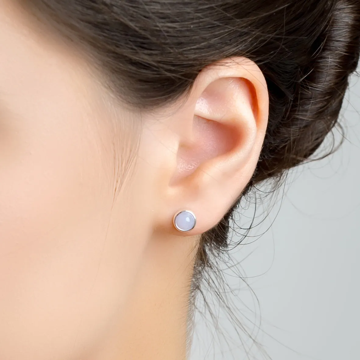 Small Round Stud Earrings in Silver and Blue Lace Agate sold by Henryka product image thumbnail 2