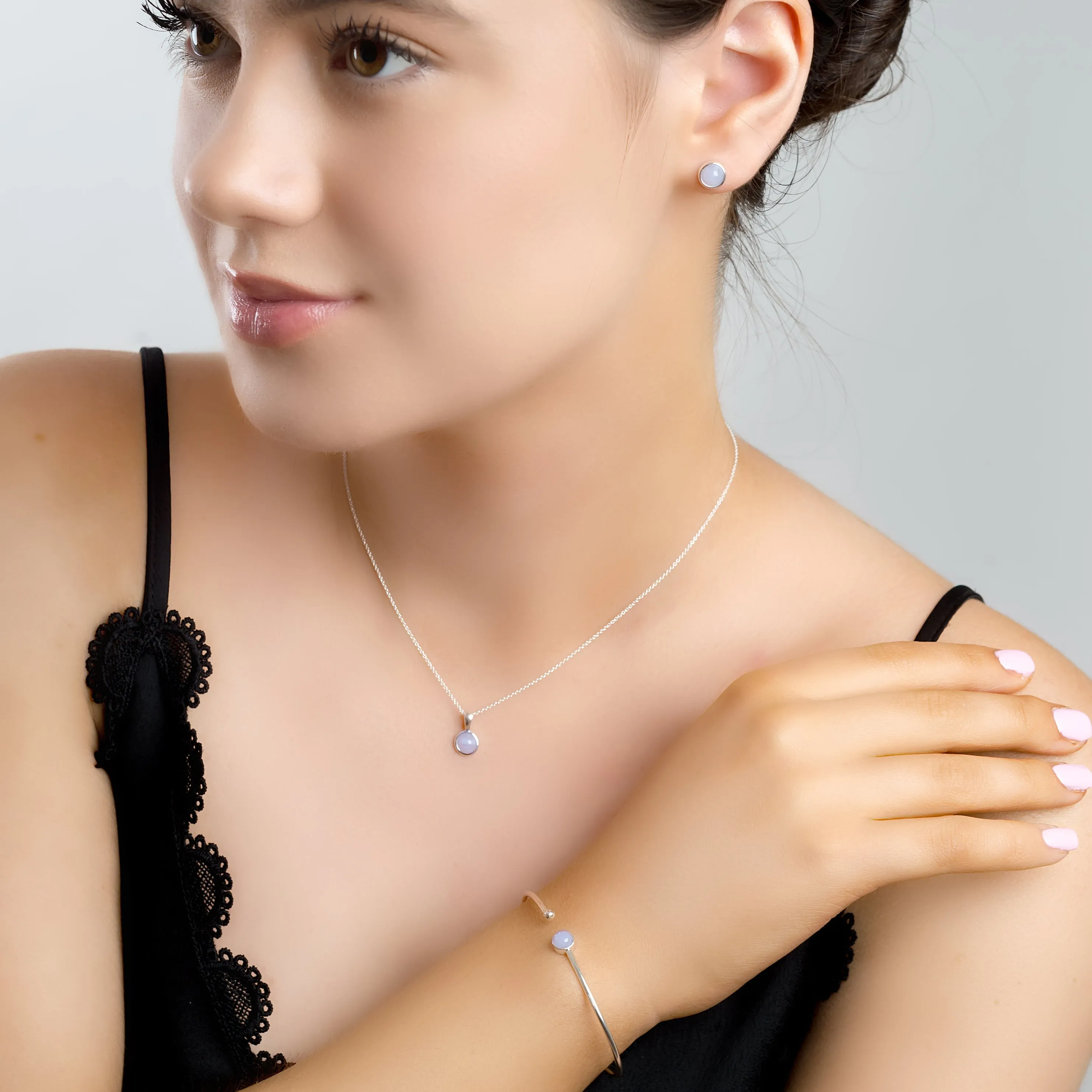 Small Round Stud Earrings in Silver and Blue Lace Agate sold by Henryka product image thumbnail 4