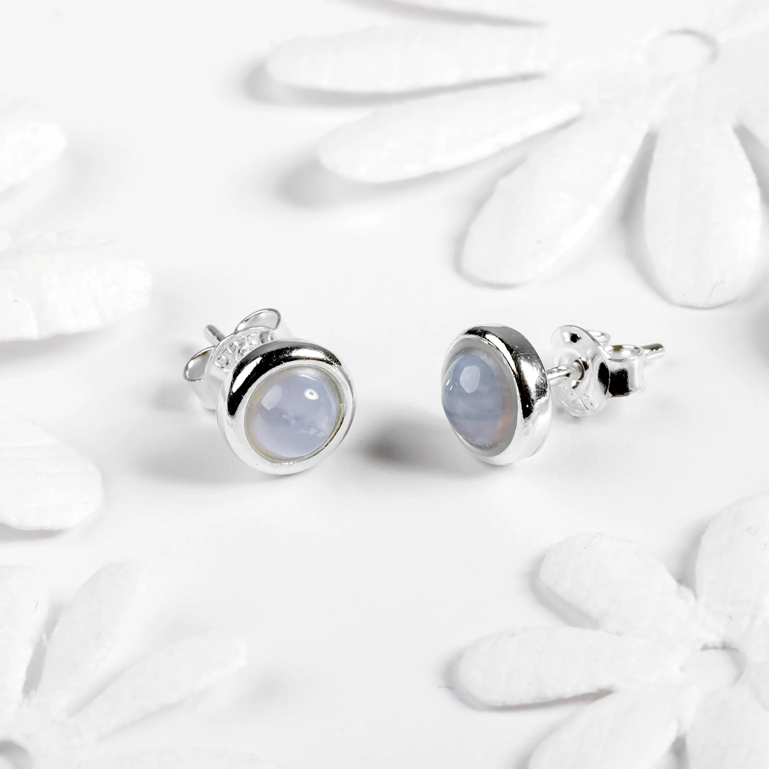 Small Round Stud Earrings in Silver and Blue Lace Agate sold by Henryka product image thumbnail 5