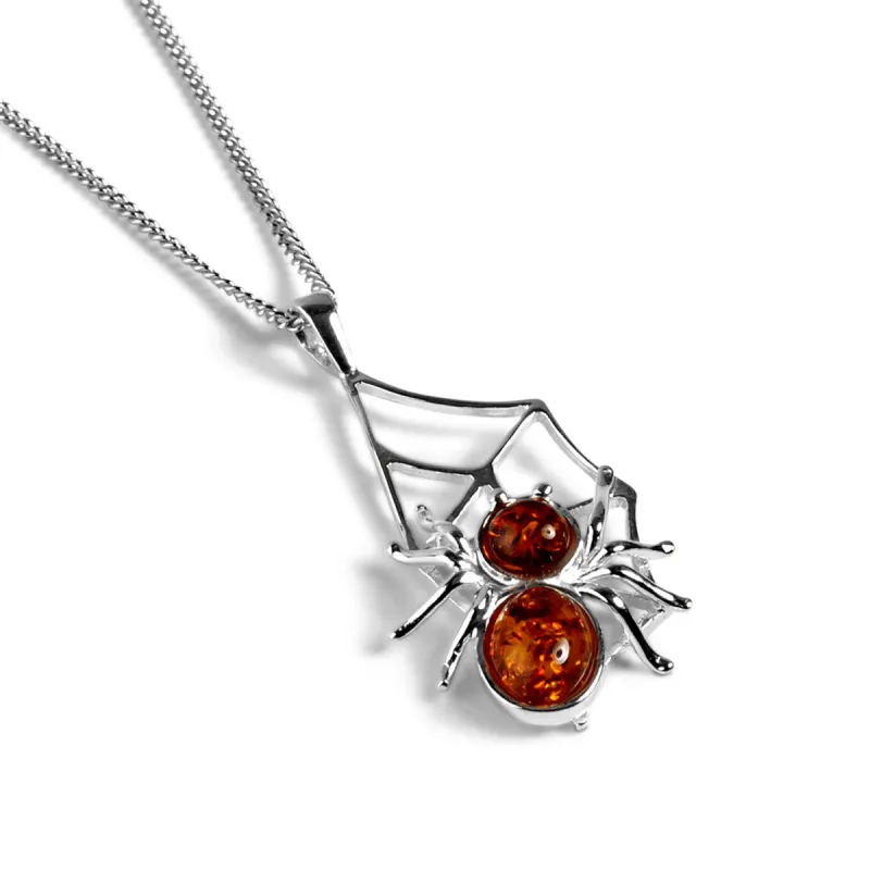 Spider on Web Necklace in Silver and Amber sold by Henryka
