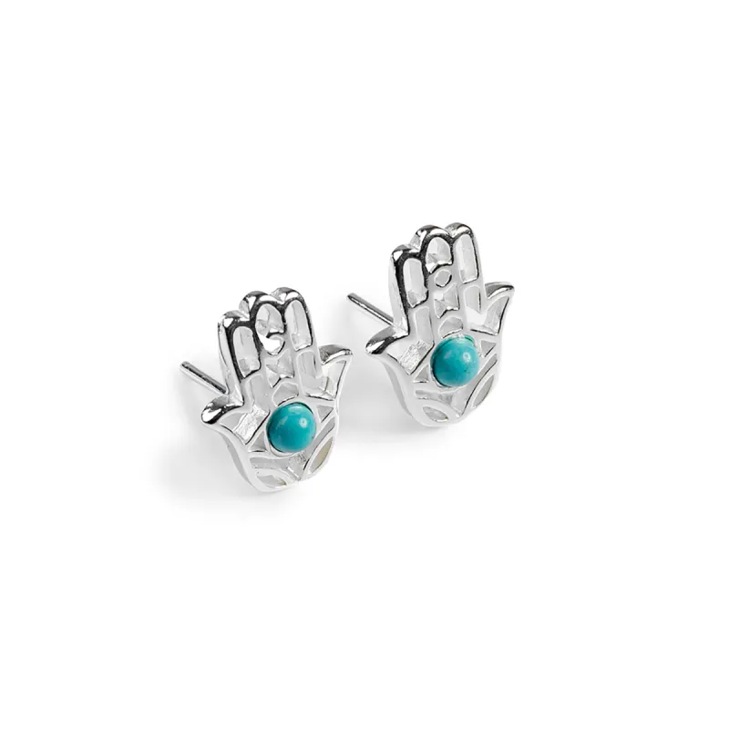Hamsa Hand Stud Earrings in Silver and Turquoise sold by Henryka