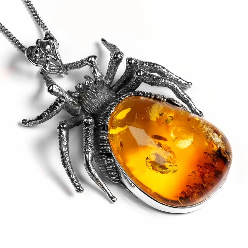 'Spine-Chilling' Handmade Spider Necklace in Silver and Baltic Amber sold by Henryka