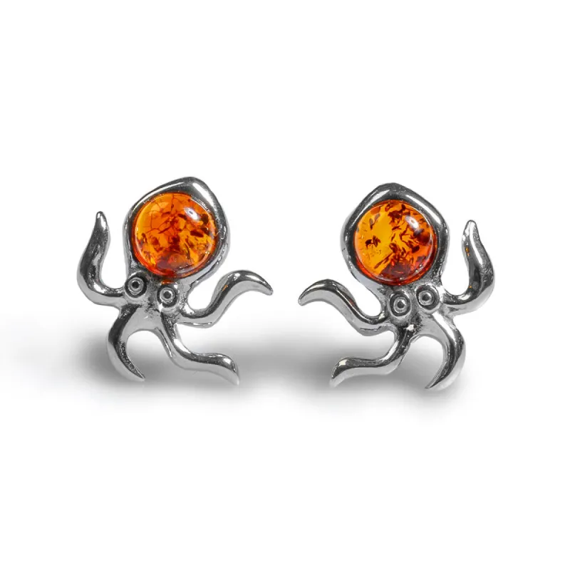 Octopus Stud Earrings in Silver and Amber sold by Henryka