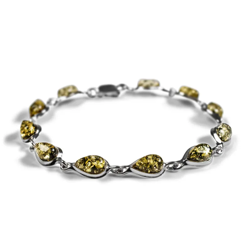 Classic Teardrop Link Bracelet in Silver and Green Amber sold by Henryka