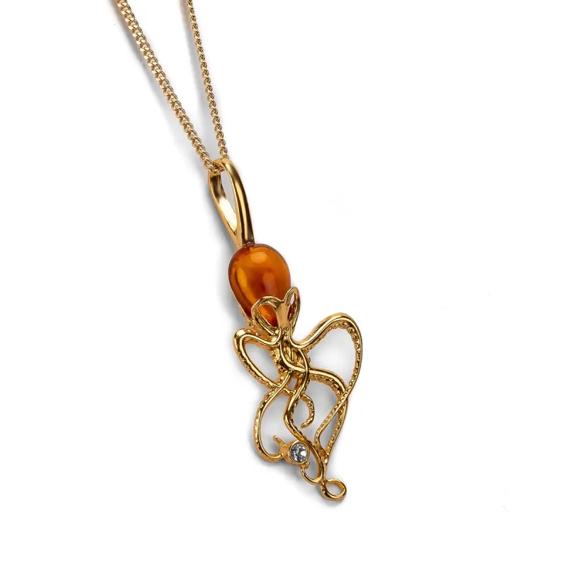 Octopus Necklace in Silver with 24ct Gold & Amber sold by Henryka