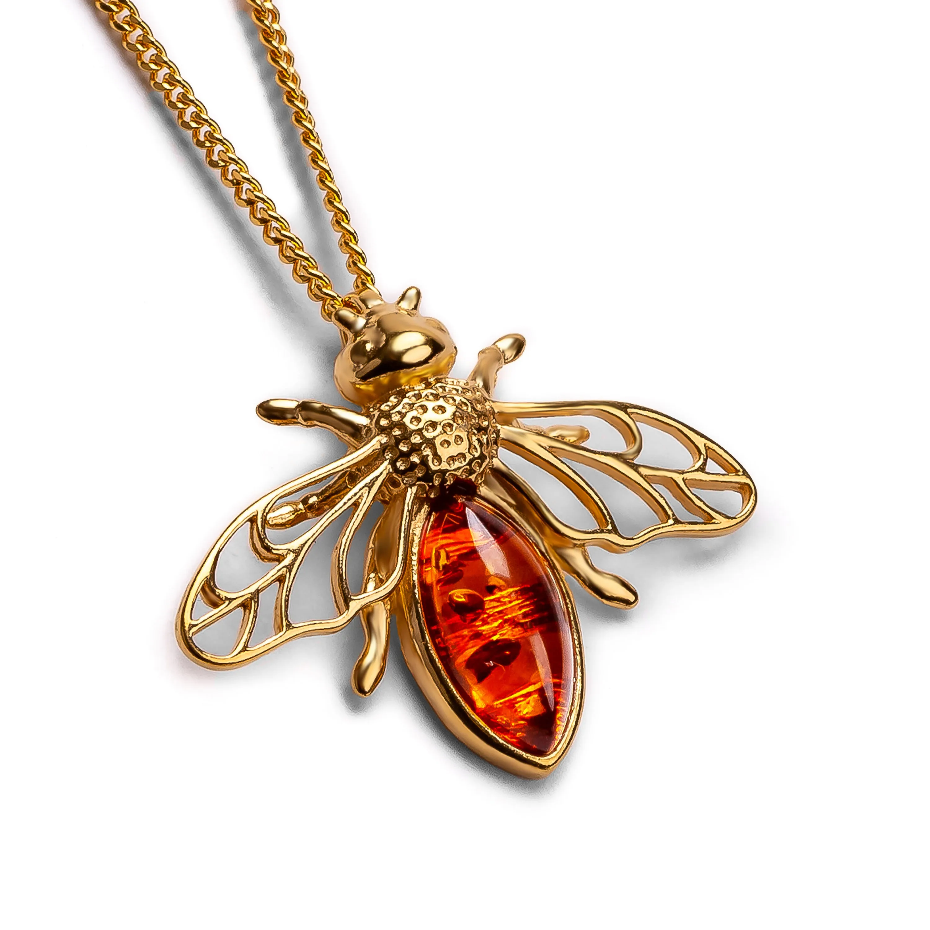 Striped Honey Bee Necklace in Silver with 24ct Gold & Amber sold by Henryka