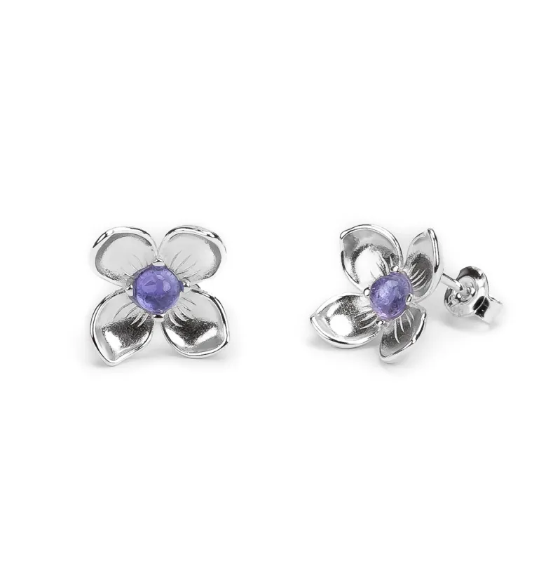 Large Lilac Flower Stud Earrings in Silver & Tanzanite sold by Henryka