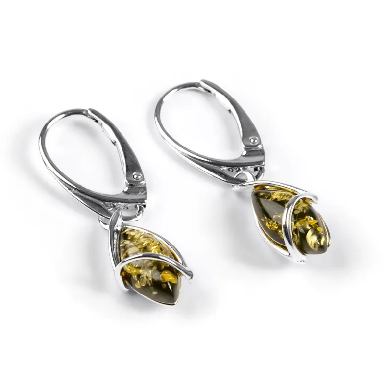 Elegant Twist Drop Earrings in Silver and Green Amber sold by Henryka