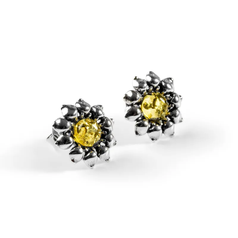 Sunflower Stud Earrings in Silver and Yellow Amber sold by Henryka