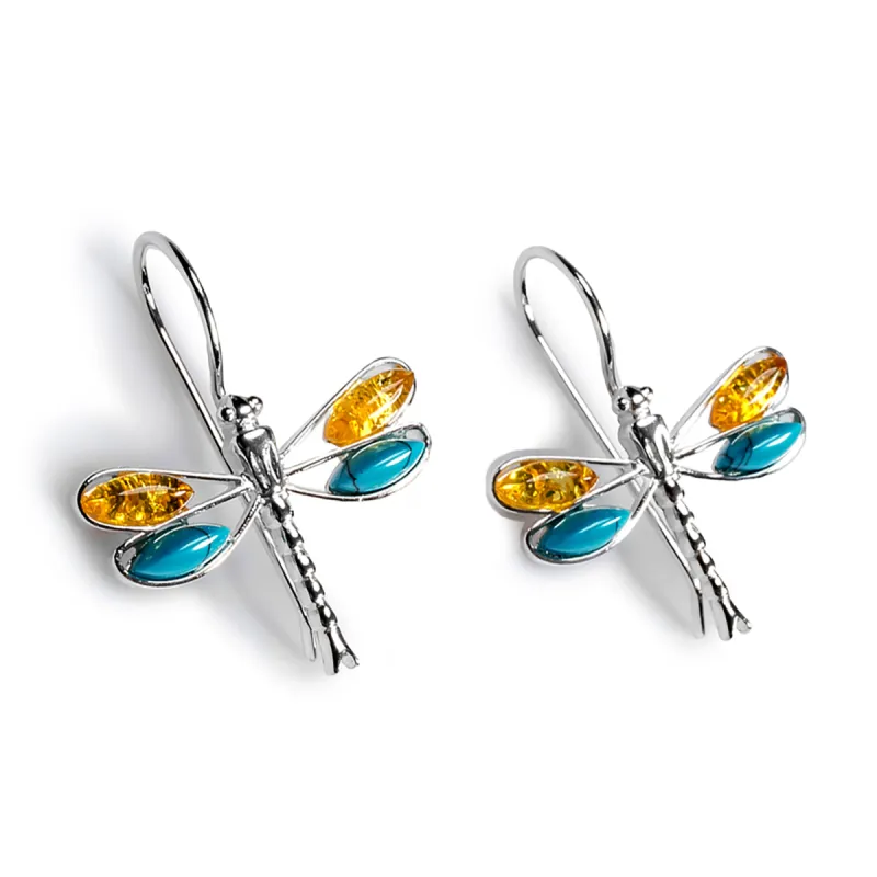 Rounded Dragonfly Drop Earrings in Silver, Yellow Amber and Turquoise sold by Henryka