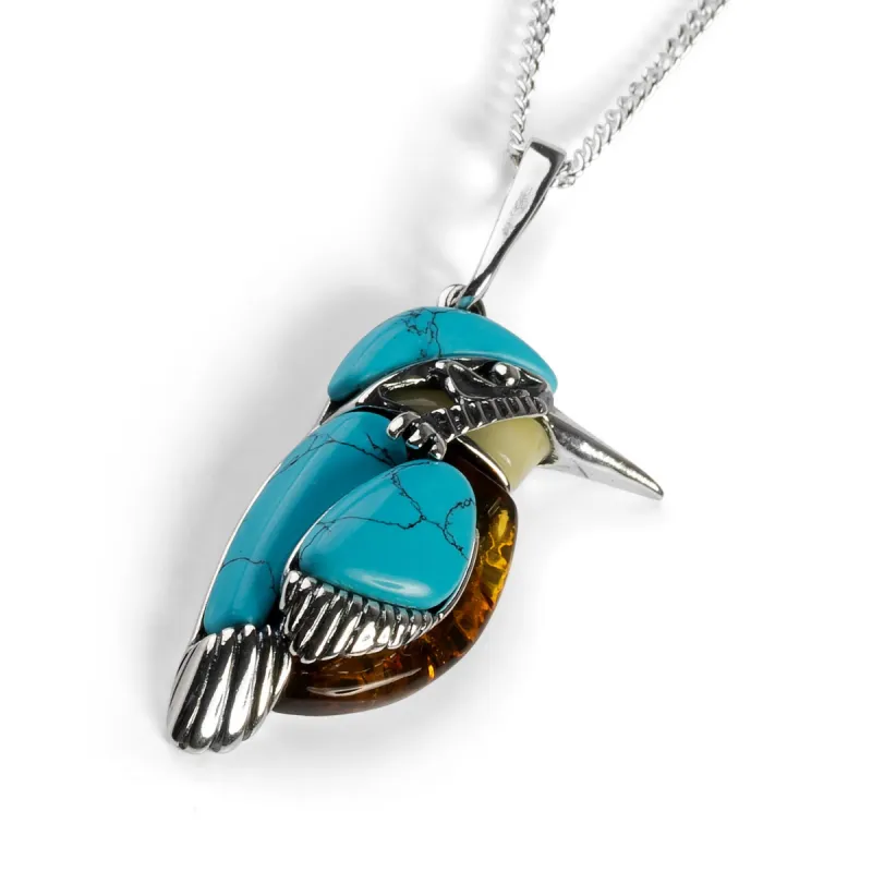 Large Kingfisher Bird Necklace in Silver, Turquoise and Amber sold by Henryka