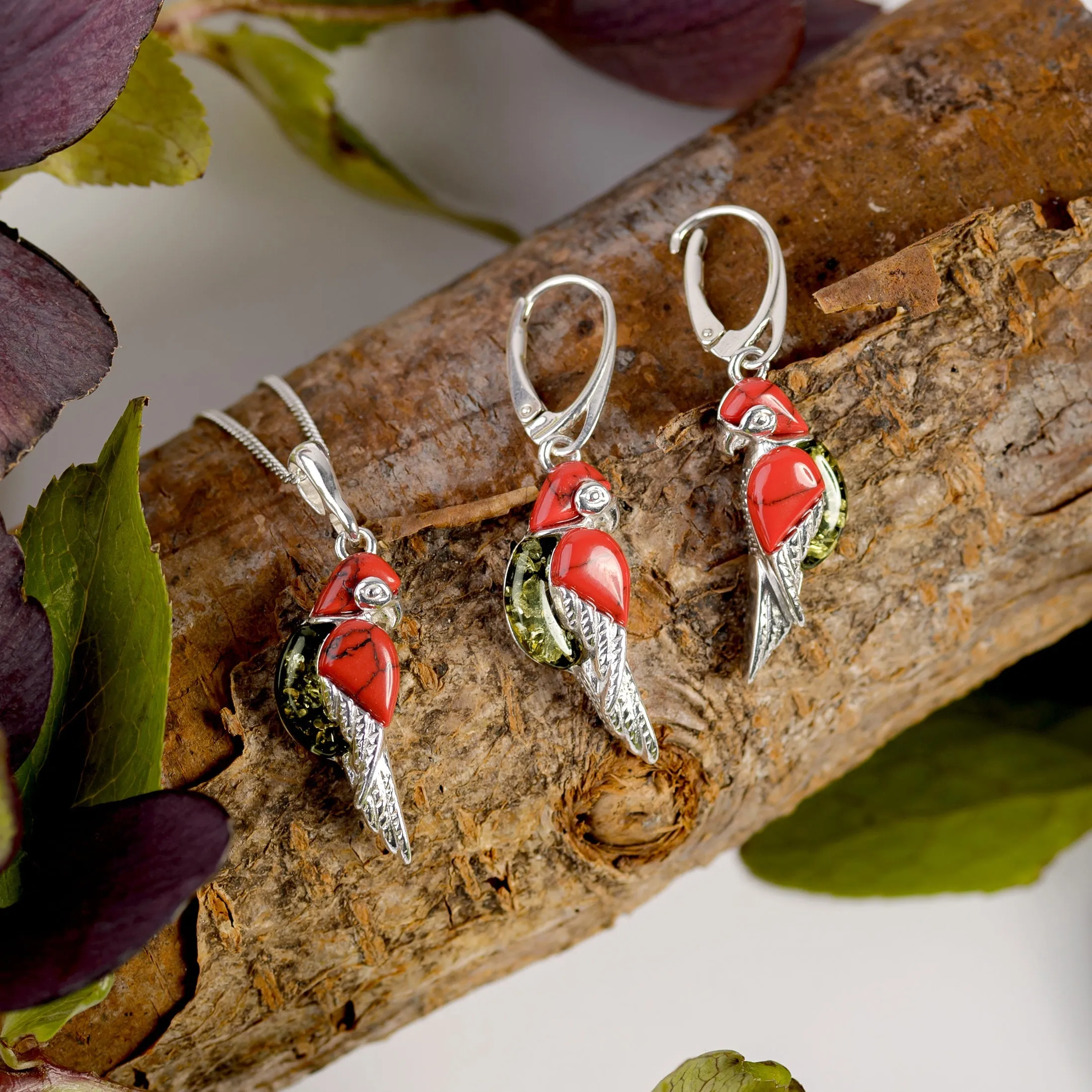 Parrot Necklace in Silver, Coral and Green Amber sold by Henryka product image thumbnail 4