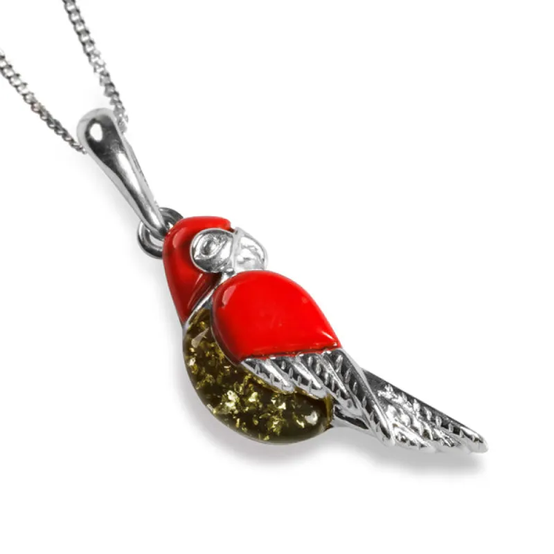 Parrot Necklace in Silver, Coral and Green Amber sold by Henryka