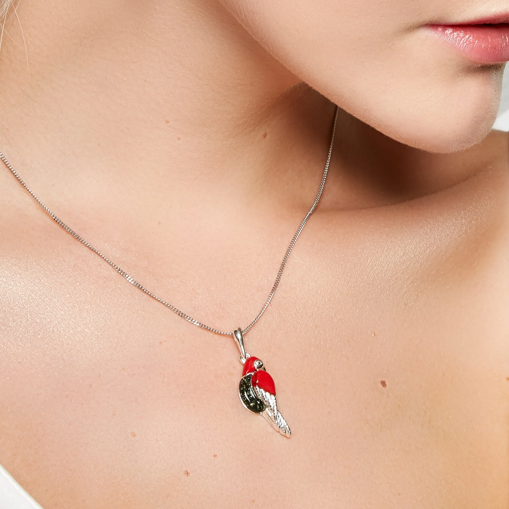 Parrot Necklace in Silver, Coral and Green Amber sold by Henryka product image thumbnail 2