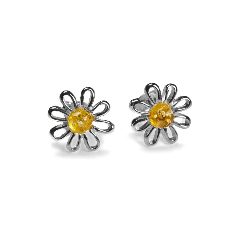 Daisy Stud Earrings in Silver and Yellow Amber sold by Henryka