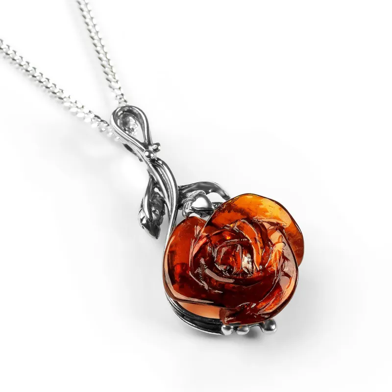 Rose Necklace in Silver and Cognac Amber sold by Henryka