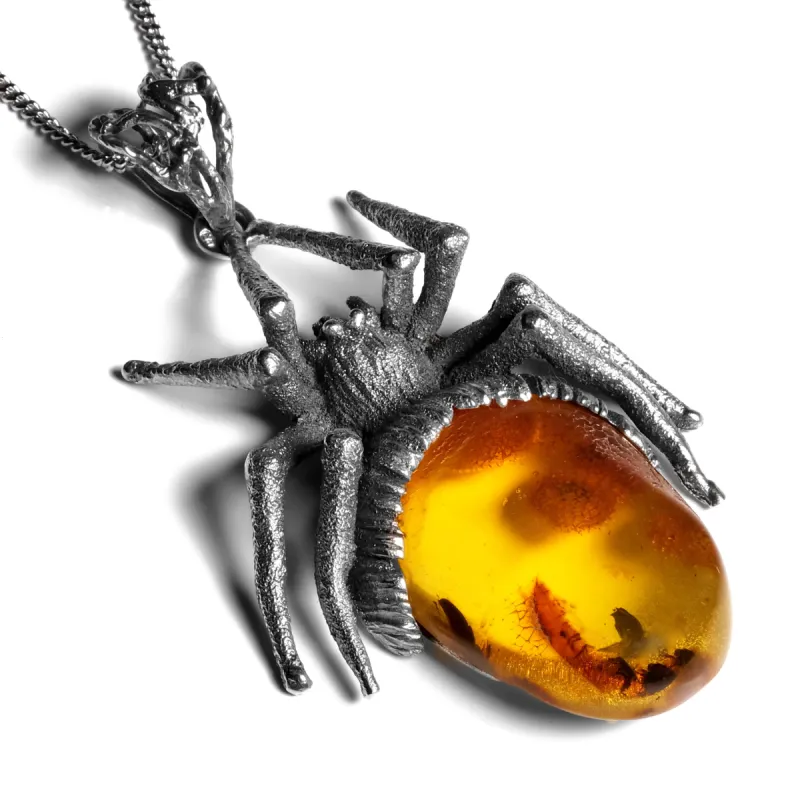 Handmade Spider Necklace in Silver and Cognac Amber sold by Henryka