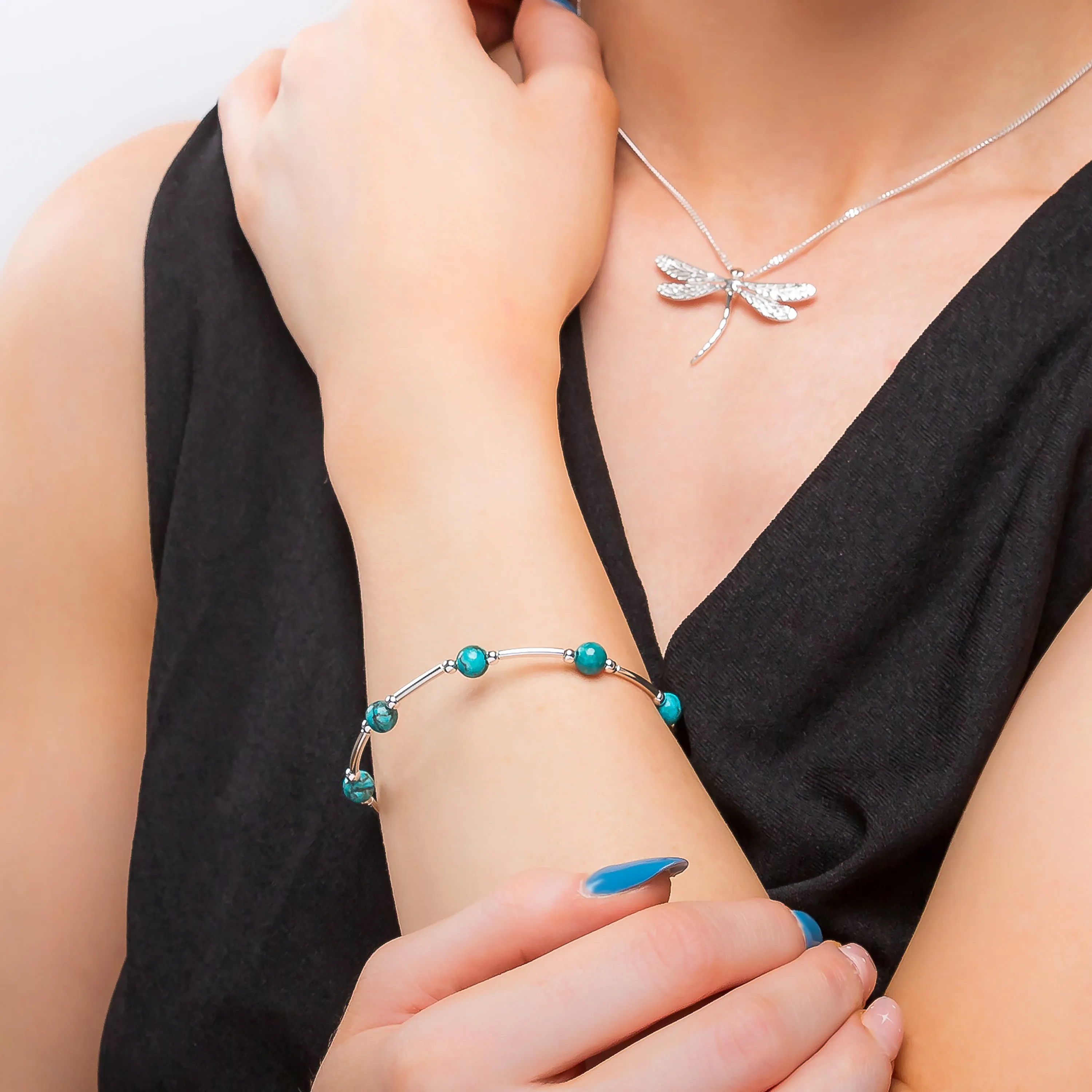 Bead Tube Bangle in Silver and Natural Turquoise sold by Henryka product image thumbnail 2