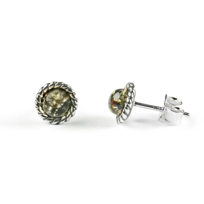 Rope Edge Stud Earrings in Silver and Green Amber sold by Henryka