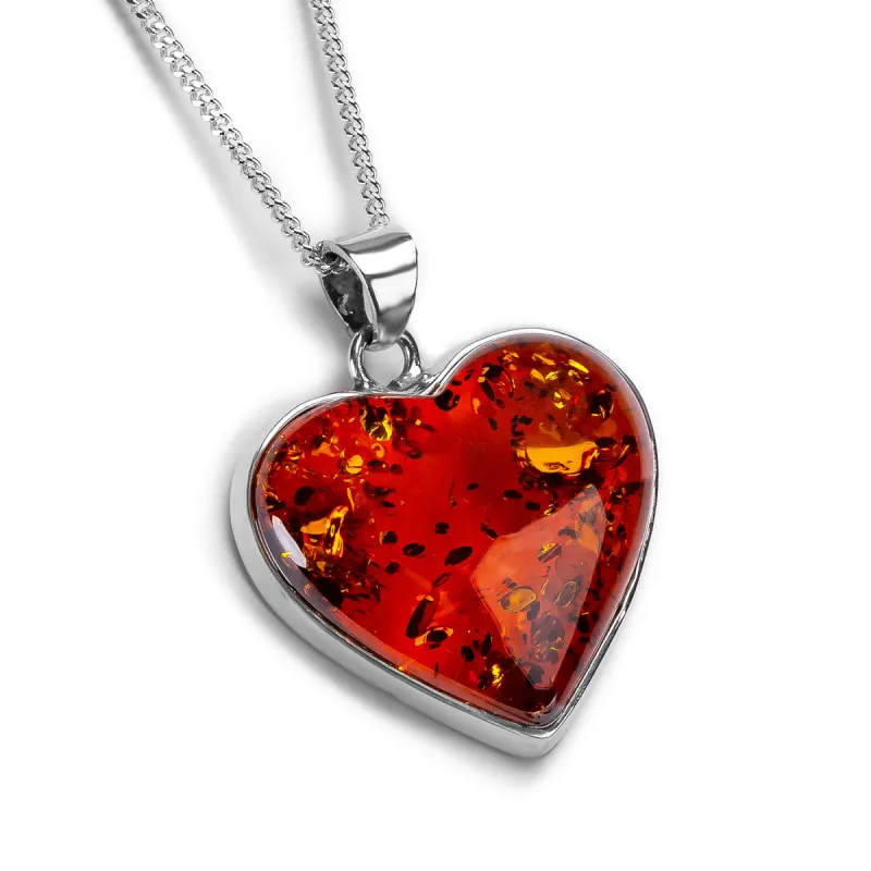 Small Heart Shape Cognac Amber and Silver Necklace - Natural Designer Gemstone sold by Henryka